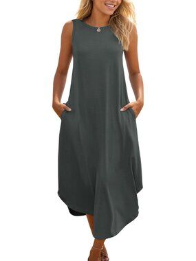 Women's Dark Grey Casual Summer Sleeveless Dress Beach Sundress Split Long Dress
